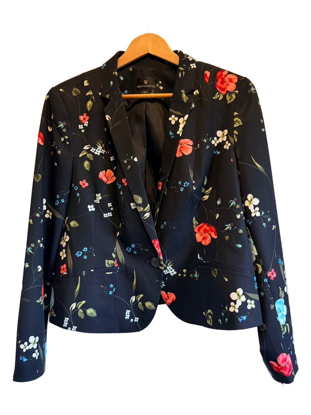 Worthington Floral Blazer Size XL Black Multi Color Single Button Lined Jacket